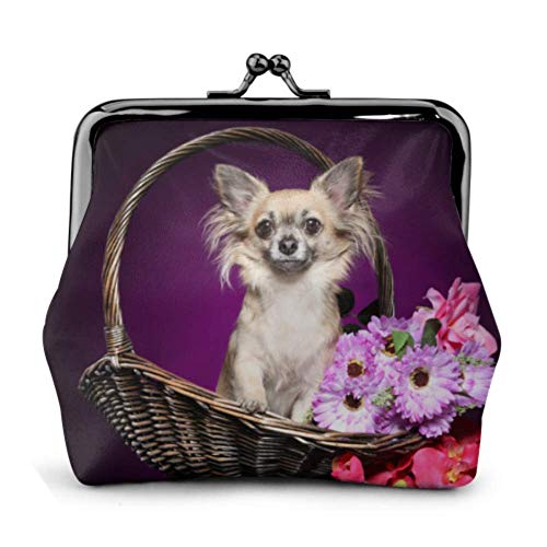 BGHYT Monedero Bolso Chihuahua Ramo Flores Sentado Cesta de Mimbre Hebilla Cuero Monedero Monedero Llavero Monedero Cerradura Cambiar Monedero Monederos