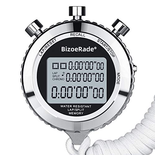 BizoeRade Cronómetro digital deportivo, 1/100 segundos, 100 vueltas, memoria silenciosa, cronógrafo de mano con alarma, calendario y pantalla grande para correr, fútbol, baloncesto y más