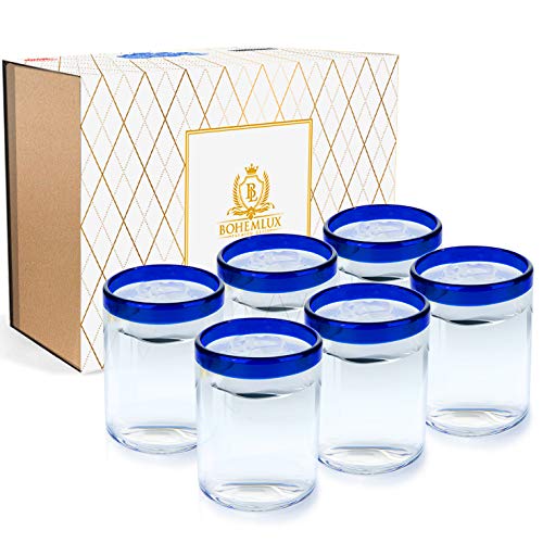 BOHEMLUX Set de 6 Vasos de Cristal Soplados a Mano con Ribete Azul de 350 ml, de 11cm Alto y 8cm Ancho para Regalo Hombre o Mujer
