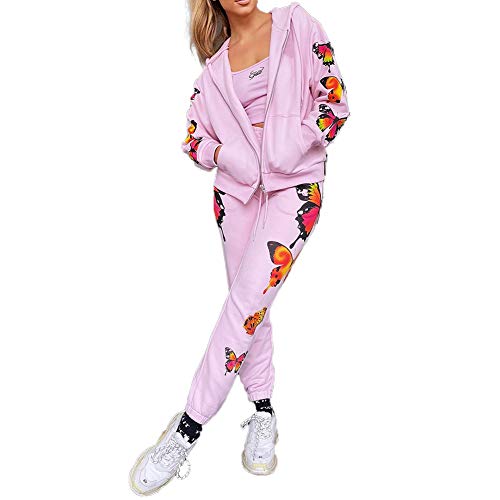 Bowanadacles Chándal deportivo para mujer, informal, 2 piezas, sudadera de manga larga con capucha y cremallera + pantalones de cintura alta elástica con estampado de mariposas Rosa XL