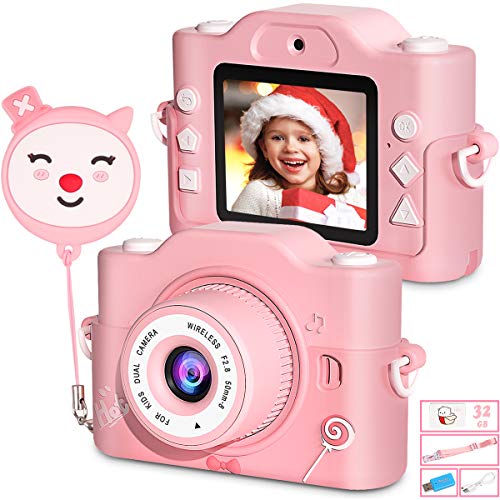 Camara Fotos Infantil, [Zoom Digital 8x/HD 20MP/1080P Pixels], Lente Doble y Diseño Anticaída de Carcasa de Silicona Doble, Regalo Ideal para Niñas de 3 a 10 Años, Incluye Tarjeta TF de 32 GB(Rosa)