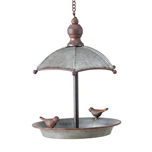 CasaJame Bebedero para pájaros con paraguas techo de zinc para colgar, 24 cm de altura, 19 cm de diámetro, con pequeños pájaros, decoración vintage