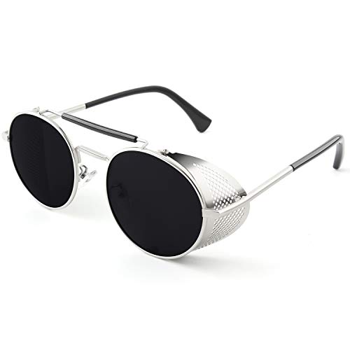 CGID E92 Steampunk estilo retro inspirado círculo metálico redondo gafas de sol polarizadas para hombre mujer Plateado Gris