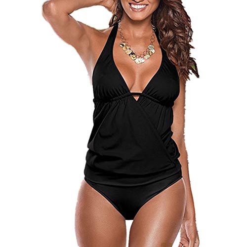 Chickwin Traje De Baño De Mujer, Retro Halter Traje de Baño Sexy Conjunto de Bikini de Mujer Push Up Mujer Sin Respaldo Playa (M,Negro)