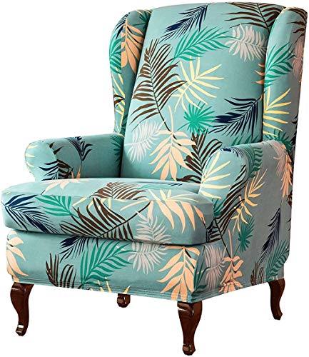 CLGTY Elástica Funda De Sillón Orejero 2 Piezas, Hojas Estampado Fundas De Sillón para Salón, Poliéster Fabric Funda De Sofá Protector para Muebles-Verde-2 Piezas