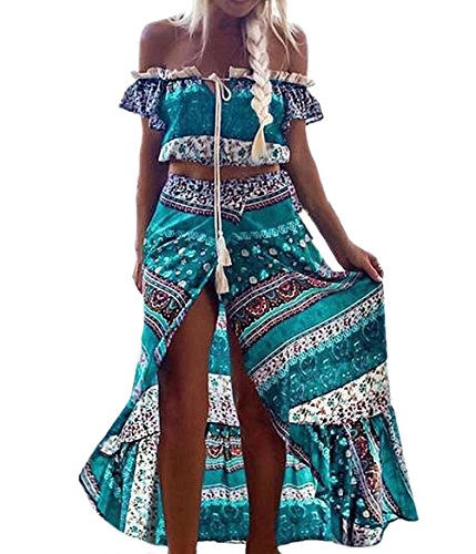 Conjuntos Mujer Verano Elegantes Manga Corta Cuello Barco Crop Tops Y Faldas Largas Vintage Hippies Estilo Etnico Boho Impresión Falda Vestidos Playa 2 Piezas Conjunto