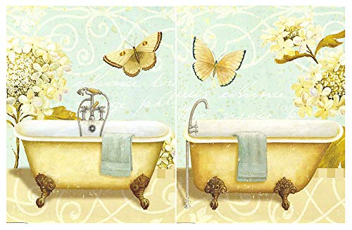 Dcine Cuadro Madera Mariposas/bañeras Tonos claros Amarillos/Azules Set de 2 Unidades de 19 cm x 25 cm x 4 mm unid Adhesivo FÁCIL COLGADO. Adorno Ideal para Hogar/Baño/Regalo