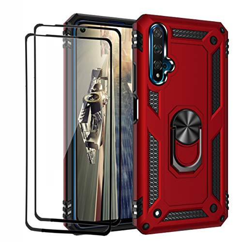 Dedux Duro PC y TPU Funda + [2 Piezas] Cristal Vidrio Templado para Huawei Nova 5T, [Soporte Magnético para Automóvil] Defensa Militar Probada con pie de Apoyo, Rojo