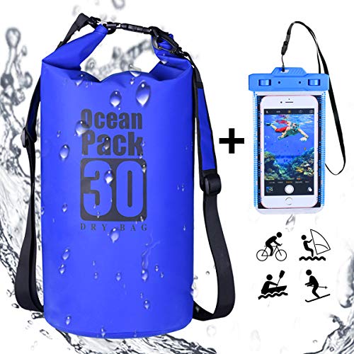 DINOKA Bolsa Seca Impermeable, Bolsas estancas 10L/20L/30L con Caja de teléfono Impermeable Gratis,Dry Bag wateroof para Rafting, Kayak navegación Senderismo, esquí, Buceo, Pesca, Escalada, Camping