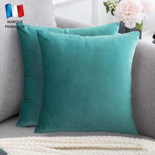 Douceur De Plumes Juego de 2 Fundas de cojín Verde Agua 50x50 Terciopelo Decorativo Liso, Suave y Moderna Funda de Almohada Cuadrada, decoración escandinava Sala, sofá, Dormitorio (2 Verde Agua)