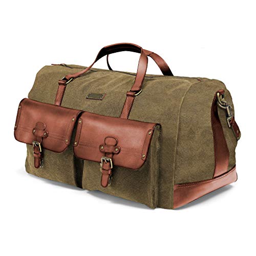 DRAKENSBERG Long Weekender - Bolso de Viaje y de Fin de Semana, Grande, en diseño de Safari Vintage, Mujer y Hombres, Hecha a Mano, 60 L, Lona y Cuero, Verde Oliva, DR00124