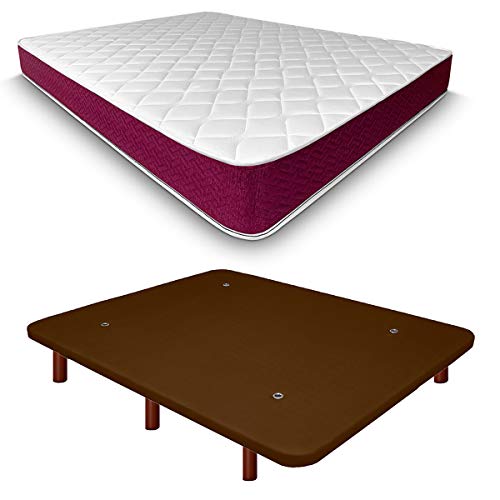 Duérmete Online Base Tapizada 3D Reforzada Anti Ruido + Colchón Viscoelástico Lyla Reversible | Patas de Madera Color Wengue, Chocolate, 105x190