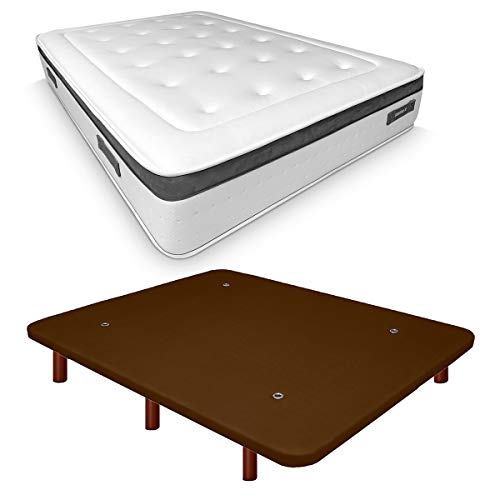 Duérmete Online Base Tapizada 3D Reforzada Anti Ruido + Colchón Viscoelástico Nature Biogel | Patas de Madera Color Wengue, Chocolate, 105x190