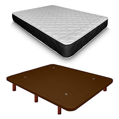 Duérmete Online Base Tapizada 3D Reforzada Anti Ruido + Colchón Viscoelástico Pocket Visco | Patas de Madera Color Wengue, Chocolate, 135x190