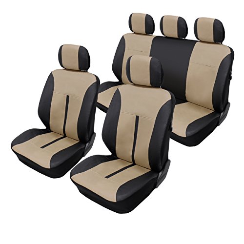 ECD Germany Fundas de Asiento para Coche - Juego Cubreasientos Universales - Beige/Negro - Cubierta de Asiento Sintético/Poliéster - Incluye Funda para Reposacabezas y Ganchos de Fijación