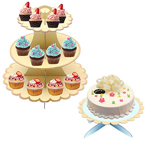 EQLEF Torre Cupcakes Carton Kit, Apricot 3 Tier Soporte Cupcakes y Blue 1 Capa Cake Stand Soporte para Tartas para niñas niños Adultos en cumpleaños Boda Baby Show Party (Paquete de 2 Juegos)