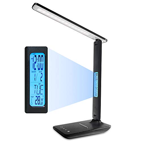 ERAY Lámpara Escritorio LED, Lámpara de Mesa Regulable, 3 Tipos de Luz y 5 Intensidad/LCD Pantalla/Reloj/Temperatura/Calendario/Soporte para Teléfono/Protección para la Vista, Color Negro