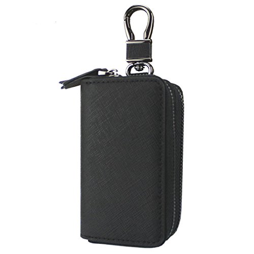 Esdrem Cartera para llaves unisex, piel auténtica, doble cremallera, para las llaves del coche, llavero, estuche, monedero Black Large