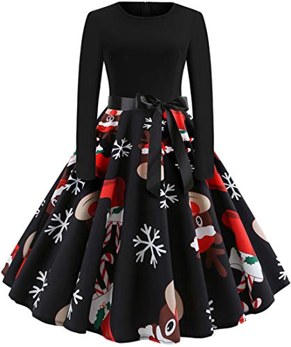 EUDOLAH Christmas Vestidos de la Vendimia de la Impresión Cuello Redondo Manga Larga del Navidad Vestidos de Fiesta Vestir Skirt Falda de Las Mujeres （Medias navideñas -118,S(Busto:84cm)