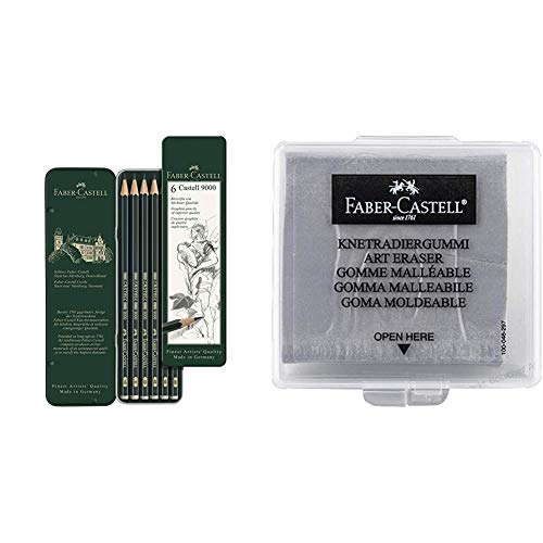 Faber Castell 119063 - Estuche de 6 lápices Castell 9000, graduación HB, B, 2B, 4B 6B y 8B, color negro, gris + Goma de borrar en caja de plástico, color gris