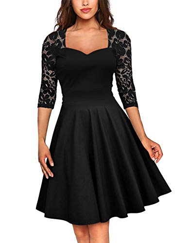 FeelinGirl Mujer Vestido de Noche Encaje Largo Traje Talla Extra Grande Cóctel de Manga Media Cuello V Cintura Alta Negro 4XL/Talla 52-54