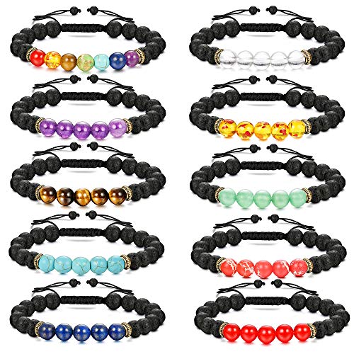 Finrezio 10 Piezas Pulsera De Perlas para Mujeres Hombres 7 Chakra Aceite Piedra Difusor Pulseras Set Aromaterapia Pulsera De Yoga 8 Mm Cuentas