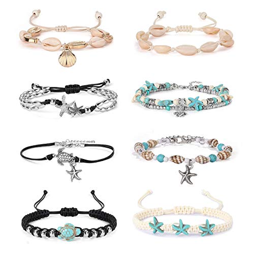 Finrezio 8PCS Tobilleras para Mujeres Niñas Pulseras de Tobillo de Tortuga de Estrella de mar Hechas a Mano Tobilleras con dijes Ajustables Boho Cadenas de Tobillo Juego de Joyas de pie de Playa