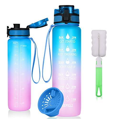 flintronic Botella de Agua Deportiva,1L con Marcador de Tiempo Motivacional, Sin BPA Water Bottle Frosted, Frosted Ligero Bidon de Bebidas Plástico para Adultos Sport, Gimnasio,Trekking, Azul Claro