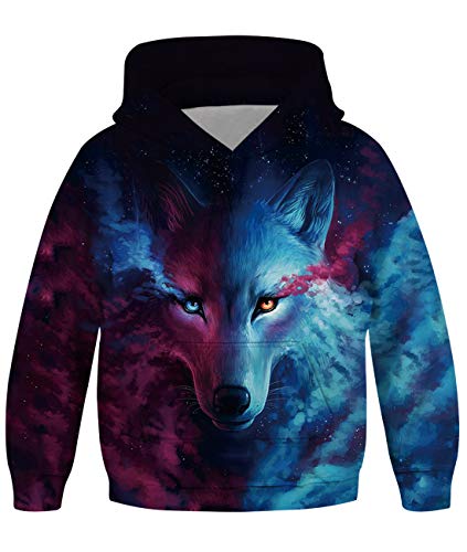 Freshhoodies Sudadera con Capucha para Niños Niñas Adolescente 3D Lobo Impresa Otoño Invierno Manga Larga Suéter Deporte Capucha 8-11 Años