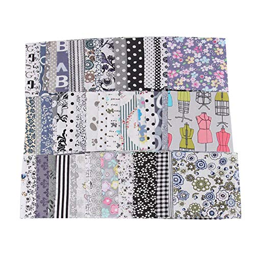 geshiglobal Juego de 50 piezas de tela de algodón hecho a mano para patchwork, costura, manualidades, álbumes de recortes, acolchado, tela de bricolaje, accesorios gris+negro