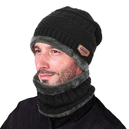 Goodbuy Gorro Invierno Hombre con Bufanda, Calentar Sombreros Gorras Beanie de Punto (Negro)