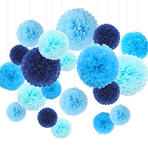 Himeland - Juego de pompones (flores de papel de seda), flores esféricas, bolas nido de abeja - decoración para bodas, cumpleaños, fiestas - distintos tonos de azul