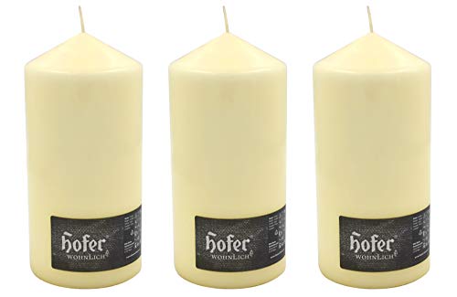 Hofer Velas Pilar - Paquete de 3 piezas - 60 horas de tiempo de combustión - Marfil - 10 cm x 20 cm - Cera sin perfume, sin goteo, larga duración, calidad de la UE