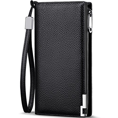 Huztencor Carteras largas para hombres de cuero RFID bloqueo cartera plegable con cremallera - negro - Large