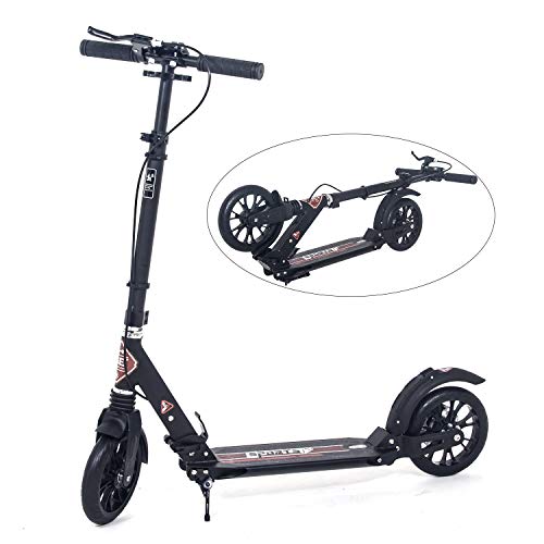 ISE Patinetes Plegable de 2 Grandes Ruedas, Kick Scooter de Manillar Ajustable 93-107cm con 200mm Ruedas y Freno de Guardabarros Trasero&Mano, para Adultos y Niños, Máx 100kg, Negro&Rojo, SY-SC002