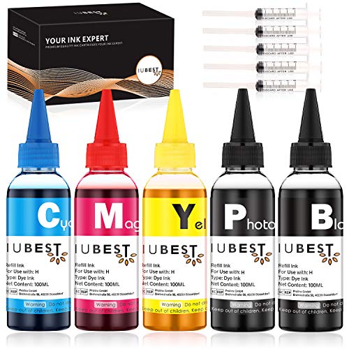 IUBEST Kit de Recarga Tinta 100 ml Cada Botella para HP Impresoras Cartuchos de Tinta Recargables y Sistemas CISS (1 Negro, 1 Foto Negro, 1 Cian, 1 Magenta, 1 Amarillo)