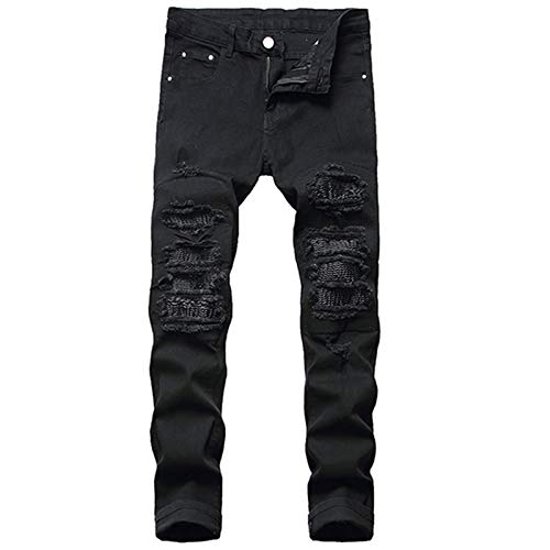 Jancerkmou Hombre Cuero de PU Patchwork Ripped Biker Jeans Streetwear Pantalones de Tubo de Mezclilla elásticos Plisados ​​Azul Negro Black 30