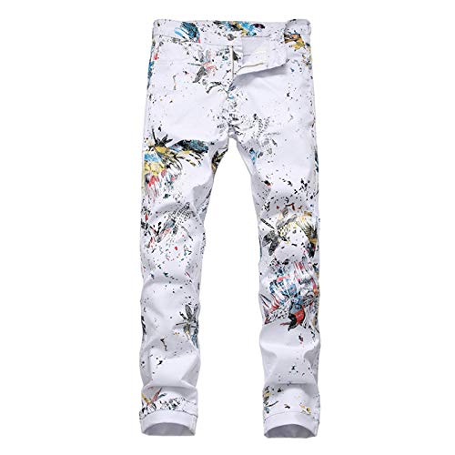 Jancerkmou Pantalones Vaqueros Blancos con Estampado de libélula para Hombre, Pantalones de Tubo elásticos Pintados de Color Ajustado a la Moda White 38