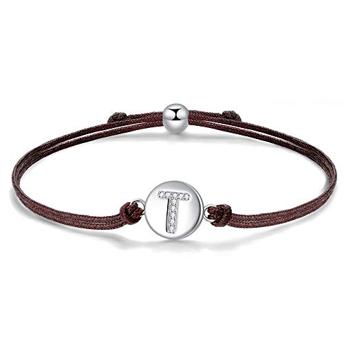 J.Endéar Pulsera Forma de Inicial T, Plata de Ley 925 Circonita Cúbica Pulseras Iniciales, Regalo de Amistad 24cm Trenzado Hecho a Mano Ajustable