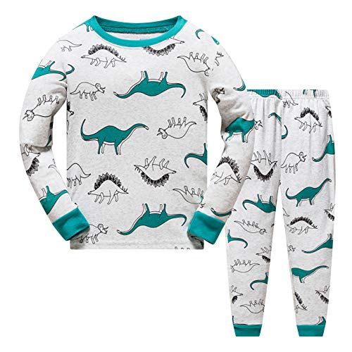 JinBei Pijamas para Niño Conjunto de Pijama Algodon Invierno Infantil Manga Larga Camiseta2 Piezas Pantalones Pajamas Ropa de Dibujos Gris Verde Dinosaurio Primavera Otoño Edad 3-4 Anos