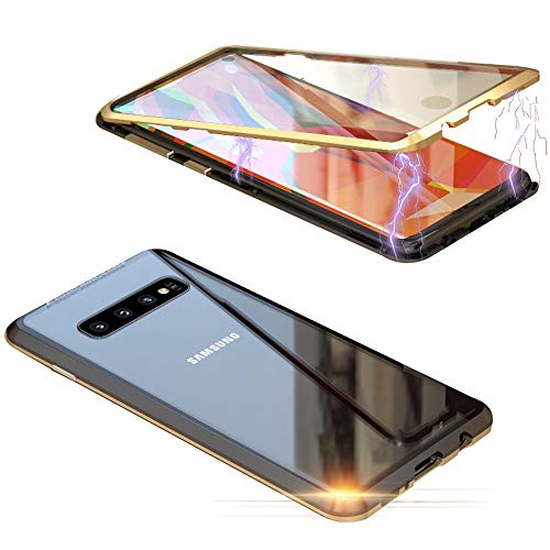 Jonwelsy Funda para Samsung Galaxy S10 Plus (6,4 Pulgada), 360 Grados Delantera y Trasera de Transparente Vidrio Templado Case Cover, Fuerte Tecnología de Adsorción Magnética Metal Bumper Cubierta