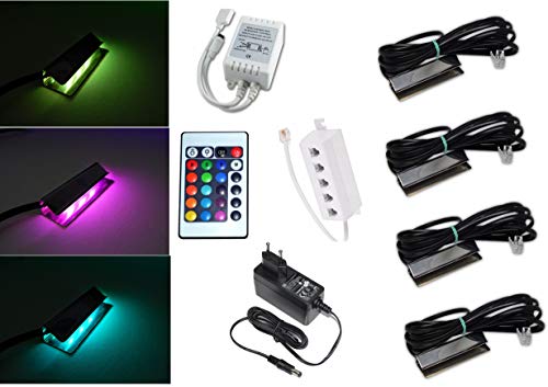 Juego de clips LED RGB para iluminación de suelo de cristal, con mando a distancia, cambio de color, iluminación LED para muebles y vitrinas, juego de 4 unidades