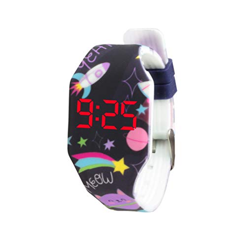 KIDDUS Reloj LED Digital para niña o niño. Pulsera de Silicona Suave para niños y Adultos. Batería Japonesa reemplazable. Fácil de Leer y Aprender Las Horas (2 LED, 09 Space Cats)