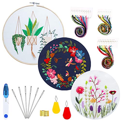 Kit de Inicio de Bordado,Juego de 3 juegos de bordado con patrón e instrucciones,incluye 3 ropa de bordado con patrón floral,1 aro de bordado de bambú,hilos de colores y herramientas