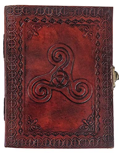 Kooly Zen – Cuaderno de notas, diario, libro, piel auténtica, vintage, triskel, triskell, Triskèle, triskelion, cierre de metal vintage, 13 x 17 cm, 240 páginas, papel premium