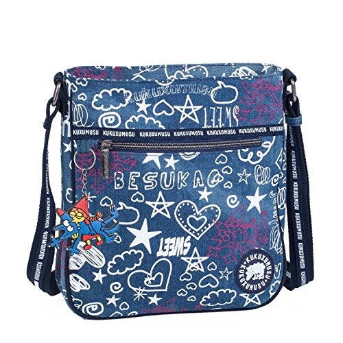 KUKUXUMUSU - Bolso pequeño de Mujer Tipo Bandolera. Lona Estampada. practico y cómodo para Diario. Calidad y diseño Original. Infantil y Juvenil. Incluye Llavero. 93725, Color Azul