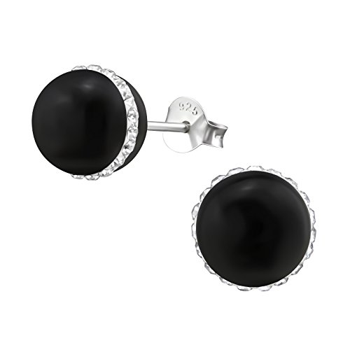 Laimons Pendientes para mujer con bola, brillante, negro brillante, plata de ley 925