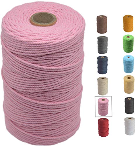 Lilly Arts Macramé cuerda - 3 mm x 200 m - algodón polyester - decoraciones de pared de hilo macramé, suspensiones de plantas, bricolaje, portalámparas, tejido, tuberías - (rosa)