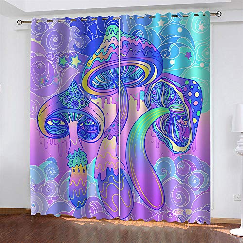 LLKKCX 2 Piezas de Cortinas Opacas Resistente al Calor y La Luz Reducción de Ruido Púrpura Cortinas Opacas-3D Hongo De Fantasía impresión,para Salón Dormitorio/Oficina,2x75x166cm(Ancho x Alto)