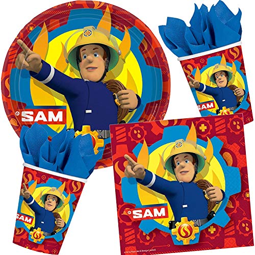 Lote de Cubiertos Infantiles Desechables"Sam el Bombero" (8 Vasos, 8 Platos y 20 Servilletas) .Vajillas. Juguetes y Regalos para Fiestas de Cumpleaños, Bodas, Bautizos, Comuniones.